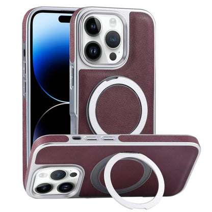 For iPhone 14 Pro Plated Leather Grain Rotation MagSafe Holder Phone Case(Dark Red) - iPhone 14 Pro Cases by buy2fix | Online Shopping UK | buy2fix