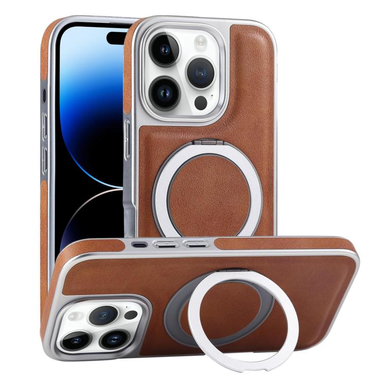 For iPhone 14 Pro Plated Leather Grain Rotation MagSafe Holder Phone Case(Brown) - iPhone 14 Pro Cases by buy2fix | Online Shopping UK | buy2fix