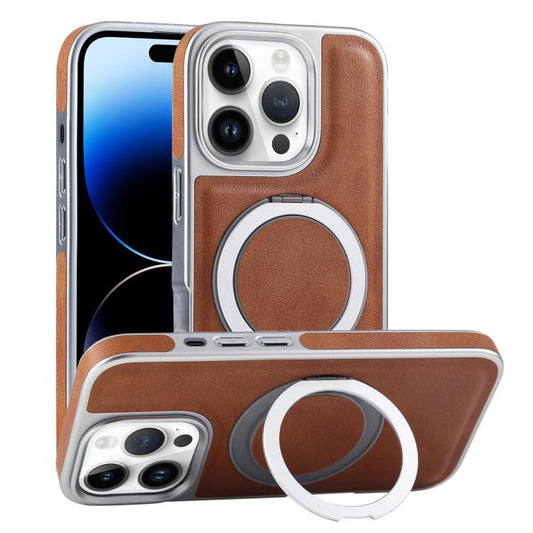 For iPhone 14 Pro Plated Leather Grain Rotation MagSafe Holder Phone Case(Brown) - iPhone 14 Pro Cases by buy2fix | Online Shopping UK | buy2fix