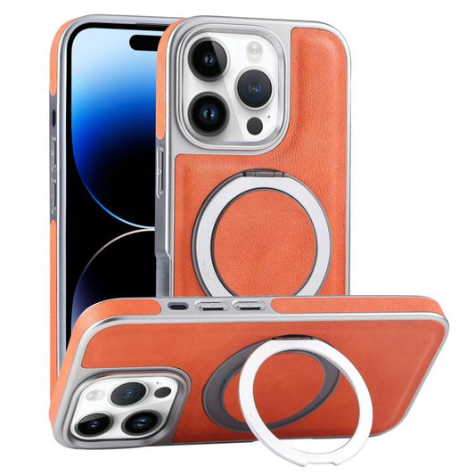 For iPhone 14 Pro Plated Leather Grain Rotation MagSafe Holder Phone Case(Orange) - iPhone 14 Pro Cases by buy2fix | Online Shopping UK | buy2fix