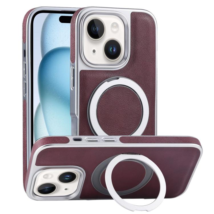 For iPhone 15 Plated Leather Grain Rotation MagSafe Holder Phone Case(Dark Red) - iPhone 15 Cases by buy2fix | Online Shopping UK | buy2fix