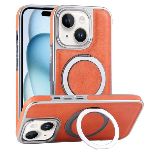 For iPhone 15 Plated Leather Grain Rotation MagSafe Holder Phone Case(Orange) - iPhone 15 Cases by buy2fix | Online Shopping UK | buy2fix