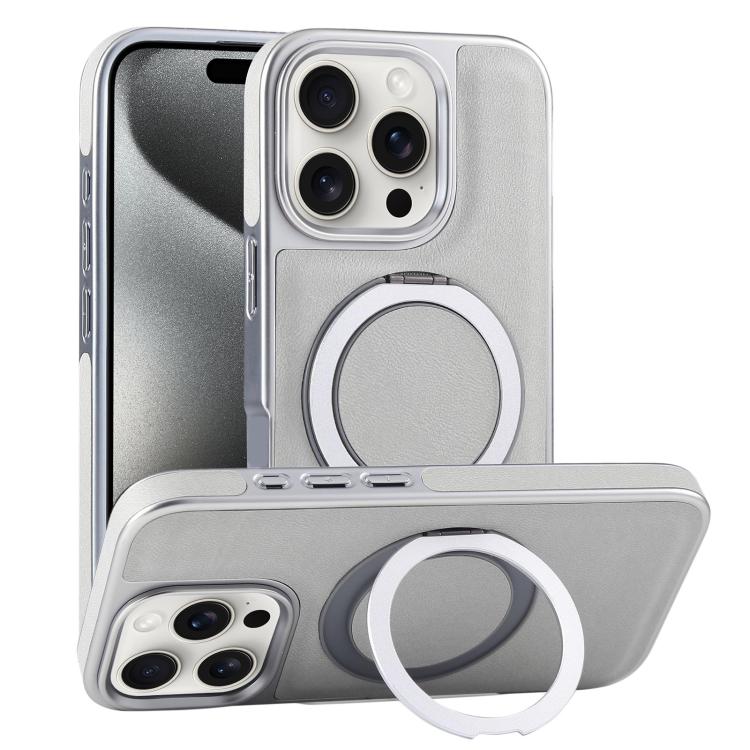 For iPhone 15 Pro Plated Leather Grain Rotation MagSafe Holder Phone Case(Grayish Green) - iPhone 15 Pro Cases by buy2fix | Online Shopping UK | buy2fix