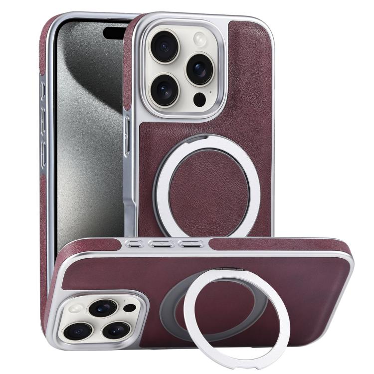For iPhone 15 Pro Plated Leather Grain Rotation MagSafe Holder Phone Case(Dark Red) - iPhone 15 Pro Cases by buy2fix | Online Shopping UK | buy2fix