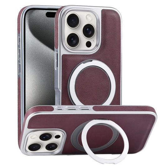 For iPhone 15 Pro Plated Leather Grain Rotation MagSafe Holder Phone Case(Dark Red) - iPhone 15 Pro Cases by buy2fix | Online Shopping UK | buy2fix