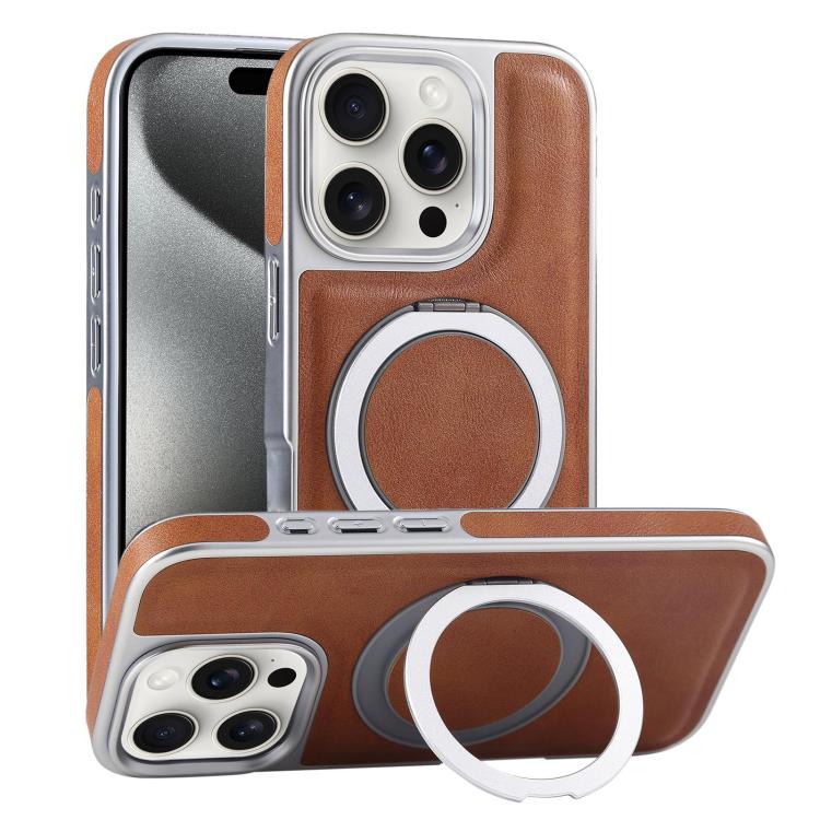 For iPhone 15 Pro Plated Leather Grain Rotation MagSafe Holder Phone Case(Brown) - iPhone 15 Pro Cases by buy2fix | Online Shopping UK | buy2fix