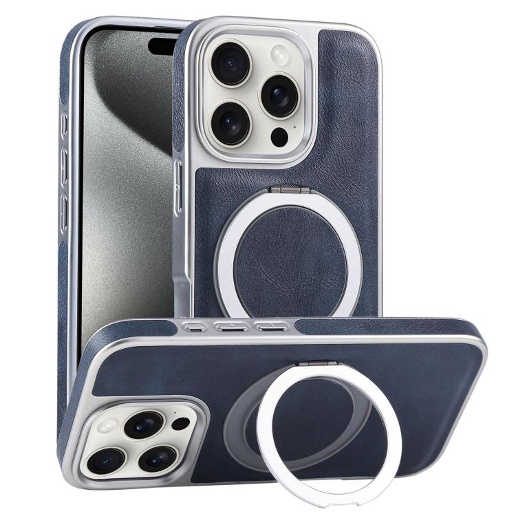 For iPhone 15 Pro Plated Leather Grain Rotation MagSafe Holder Phone Case(Blue) - iPhone 15 Pro Cases by buy2fix | Online Shopping UK | buy2fix
