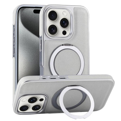 For iPhone 15 Pro Max Plated Leather Grain Rotation MagSafe Holder Phone Case(Grayish Green) - iPhone 15 Pro Max Cases by buy2fix | Online Shopping UK | buy2fix