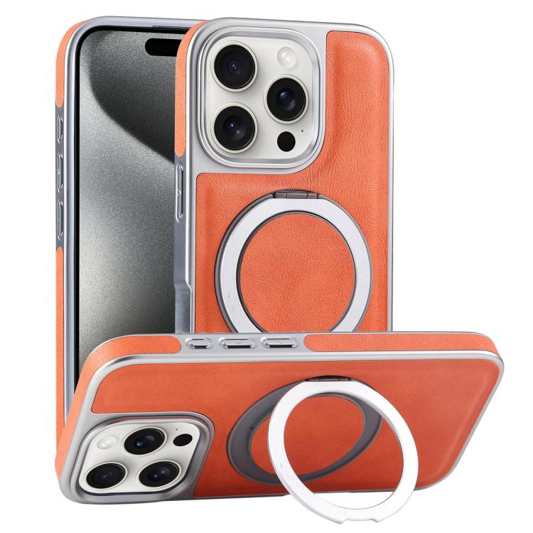 For iPhone 15 Pro Max Plated Leather Grain Rotation MagSafe Holder Phone Case(Orange) - iPhone 15 Pro Max Cases by buy2fix | Online Shopping UK | buy2fix