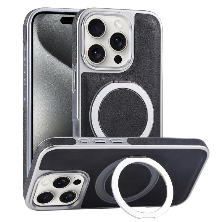 For iPhone 15 Pro Max Plated Leather Grain Rotation MagSafe Holder Phone Case(Black) - iPhone 15 Pro Max Cases by buy2fix | Online Shopping UK | buy2fix