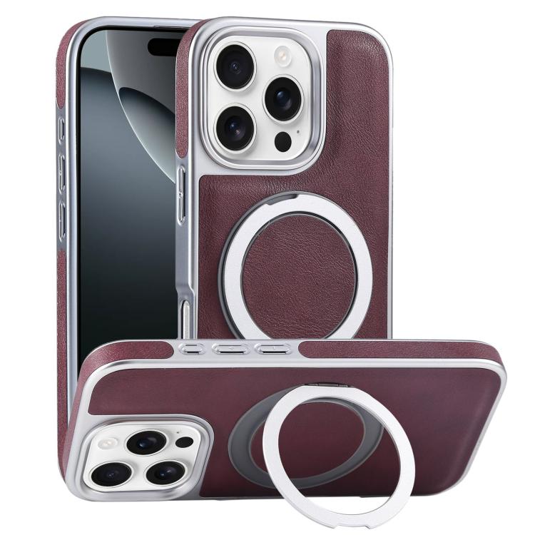 For iPhone 16 Pro Max Plated Leather Grain Rotation MagSafe Holder Phone Case(Dark Red) - iPhone 16 Pro Max Cases by buy2fix | Online Shopping UK | buy2fix