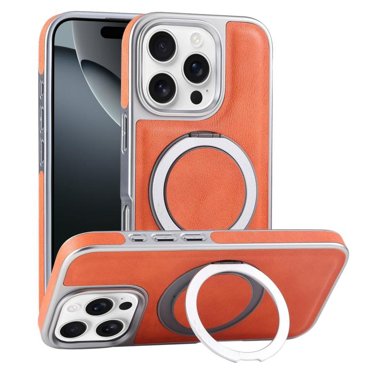 For iPhone 16 Pro Max Plated Leather Grain Rotation MagSafe Holder Phone Case(Orange) - iPhone 16 Pro Max Cases by buy2fix | Online Shopping UK | buy2fix