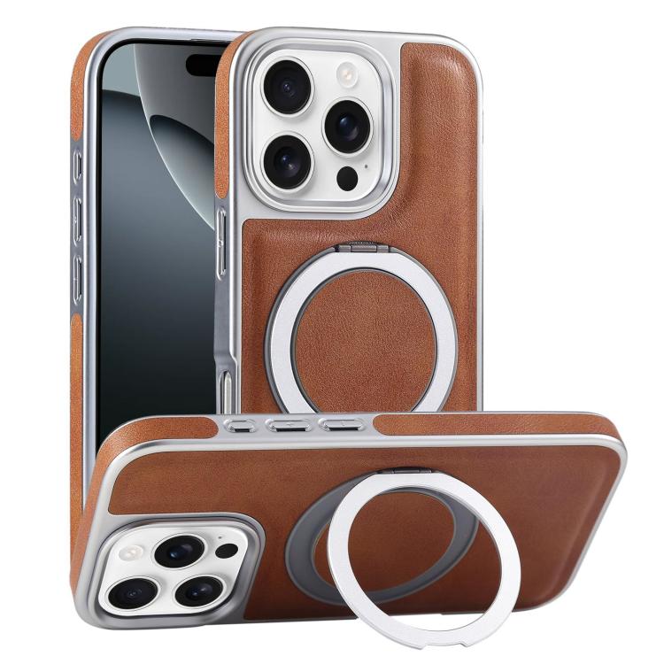 For iPhone 16 Pro Plated Leather Grain Rotation MagSafe Holder Phone Case(Brown) - iPhone 16 Pro Cases by buy2fix | Online Shopping UK | buy2fix