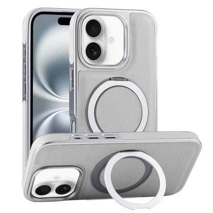 For iPhone 16 Plus Plated Leather Grain Rotation MagSafe Holder Phone Case(Grayish Green) - iPhone 16 Plus Cases by buy2fix | Online Shopping UK | buy2fix
