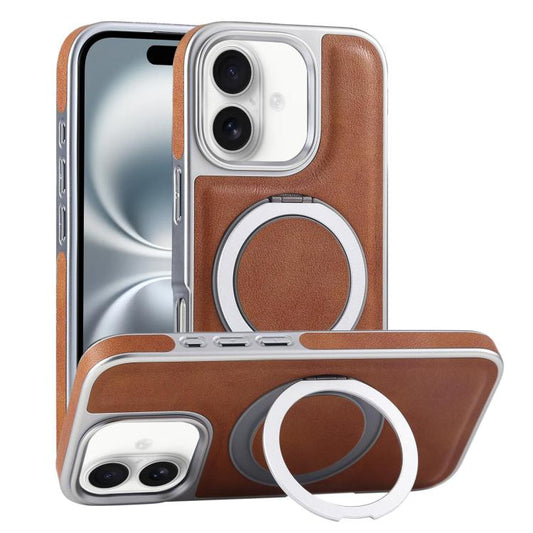 For iPhone 16 Plus Plated Leather Grain Rotation MagSafe Holder Phone Case(Brown) - iPhone 16 Plus Cases by buy2fix | Online Shopping UK | buy2fix