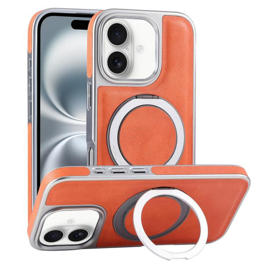 For iPhone 16 Plus Plated Leather Grain Rotation MagSafe Holder Phone Case(Orange) - iPhone 16 Plus Cases by buy2fix | Online Shopping UK | buy2fix
