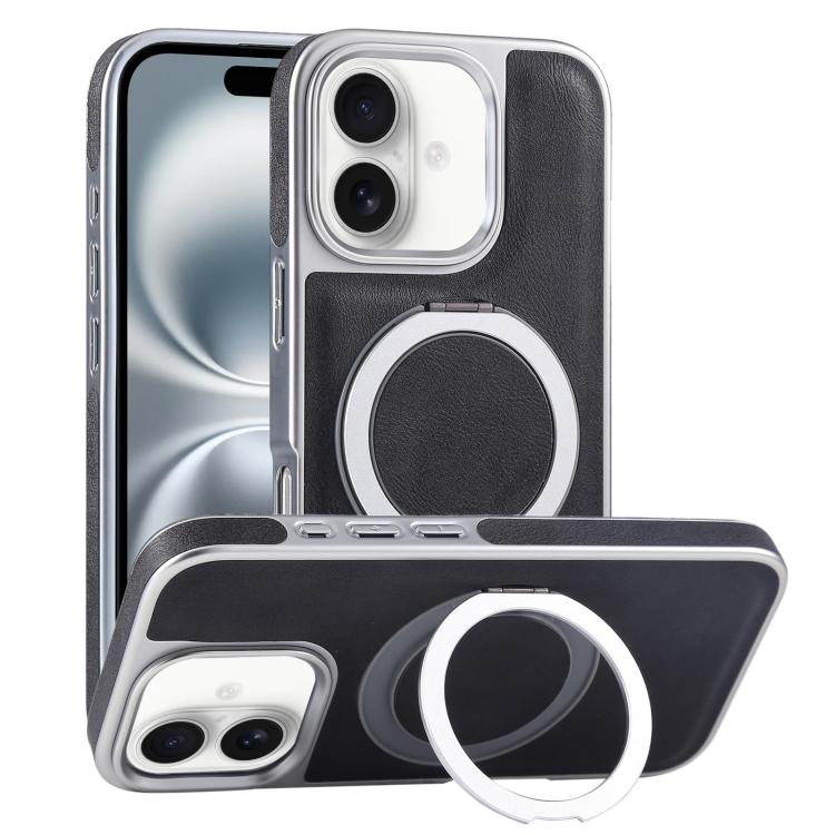 For iPhone 16 Plus Plated Leather Grain Rotation MagSafe Holder Phone Case(Black) - iPhone 16 Plus Cases by buy2fix | Online Shopping UK | buy2fix