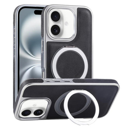 For iPhone 16 Plus Plated Leather Grain Rotation MagSafe Holder Phone Case(Black) - iPhone 16 Plus Cases by buy2fix | Online Shopping UK | buy2fix