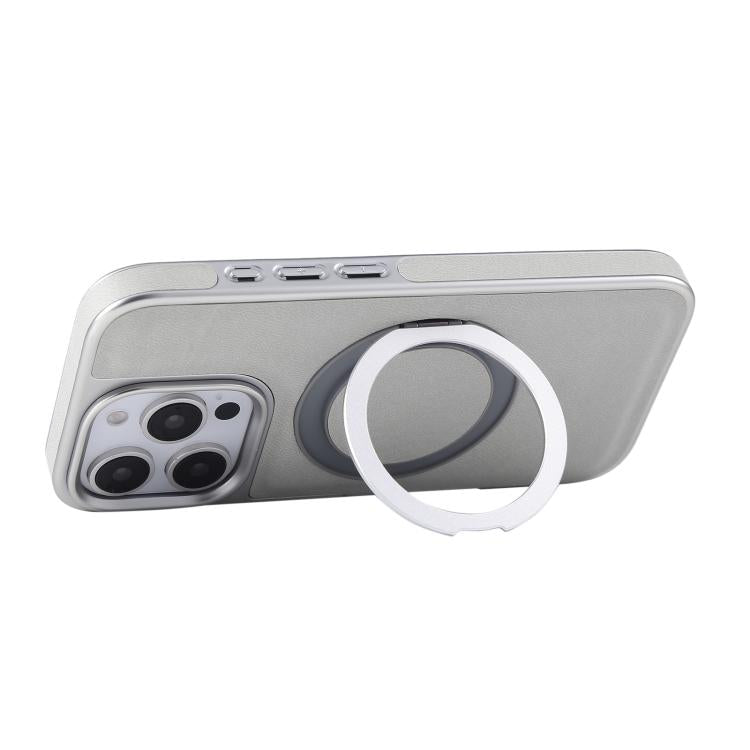 For iPhone 15 Pro Plated Leather Grain Rotation MagSafe Holder Phone Case(Grayish Green) - iPhone 15 Pro Cases by buy2fix | Online Shopping UK | buy2fix