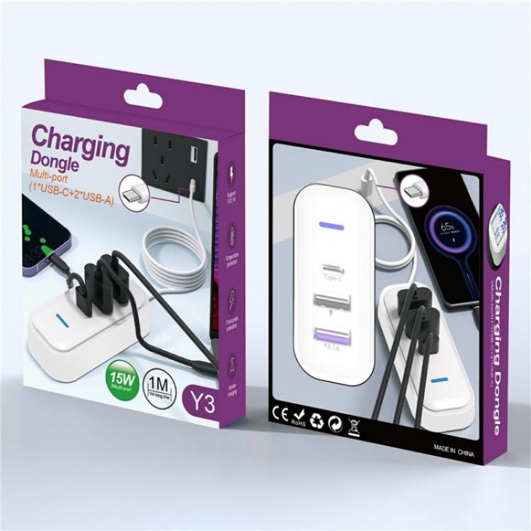 Y3 Car Rear Seat Charger Type-C and Dual USB Fast Charging Adapter with 1m Extension Cable - Car Charger by buy2fix | Online Shopping UK | buy2fix