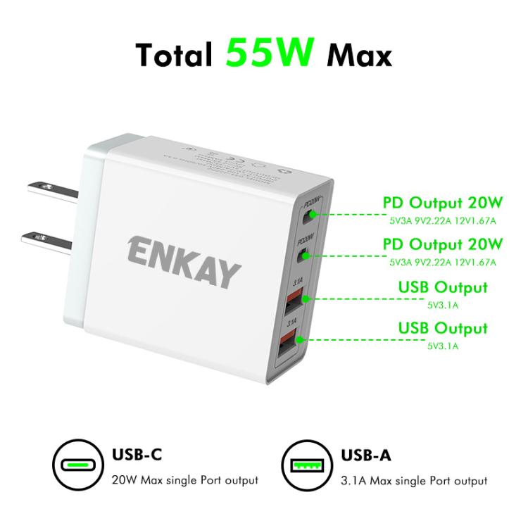 ENKAY FC-002 55W Dual USB-A Dual USB-C / Type-C Four Ports Quick Charger(US Plug) - USB Charger by ENKAY | Online Shopping UK | buy2fix