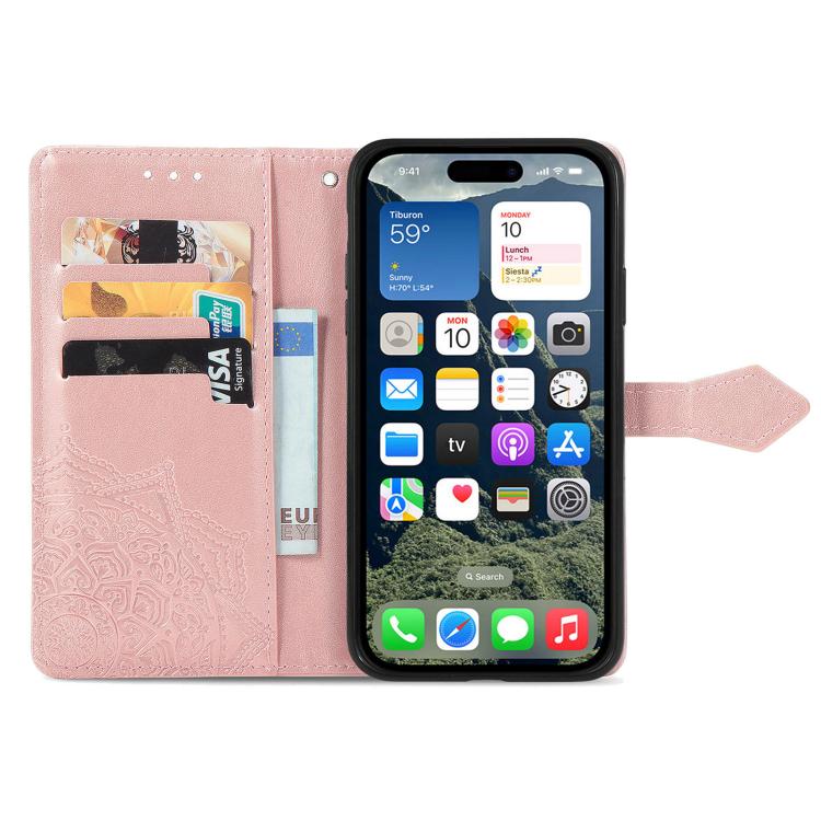 For iPhone 16e Mandala Flower Embossed Leather Phone Case(Rose Gold) - iPhone 16e Cases by buy2fix | Online Shopping UK | buy2fix