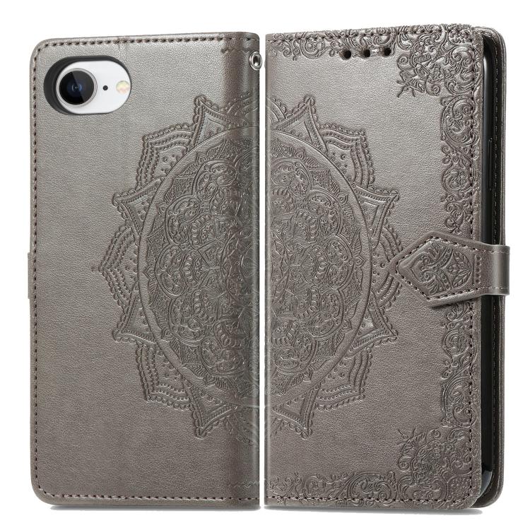 For iPhone 16e Mandala Flower Embossed Leather Phone Case(Gray) - iPhone 16e Cases by buy2fix | Online Shopping UK | buy2fix
