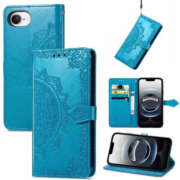 For iPhone 16e Mandala Flower Embossed Leather Phone Case(Blue) - iPhone 16e Cases by buy2fix | Online Shopping UK | buy2fix