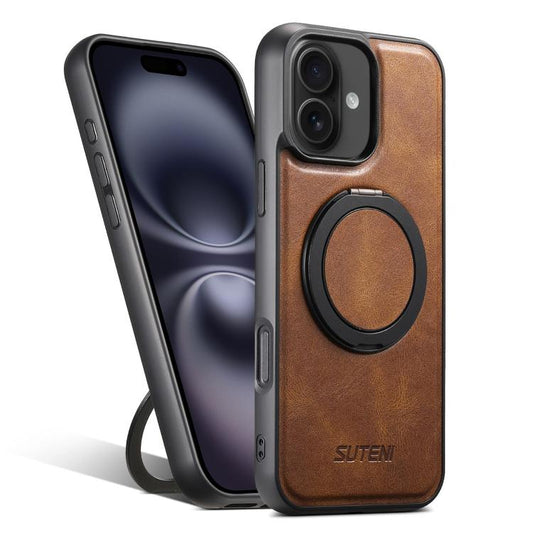 For iPhone 16 Suteni G3 Oil Wax 360 Rotation Holder MagSafe Back Phone Case(Brown) - iPhone 16 Cases by Suteni | Online Shopping UK | buy2fix