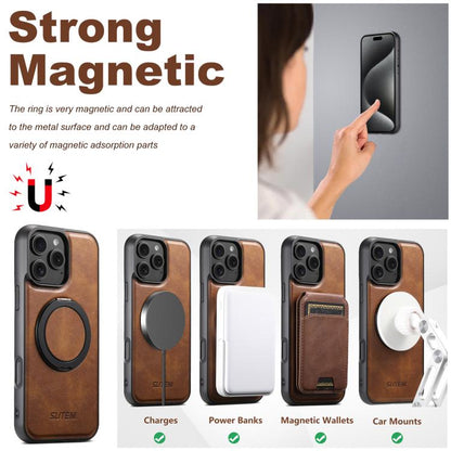 For iPhone 15 Plus Suteni G3 Oil Wax 360 Rotation Holder MagSafe Back Phone Case(Brown) - iPhone 15 Plus Cases by Suteni | Online Shopping UK | buy2fix