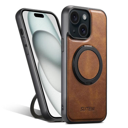 For iPhone 15 Plus Suteni G3 Oil Wax 360 Rotation Holder MagSafe Back Phone Case(Brown) - iPhone 15 Plus Cases by Suteni | Online Shopping UK | buy2fix