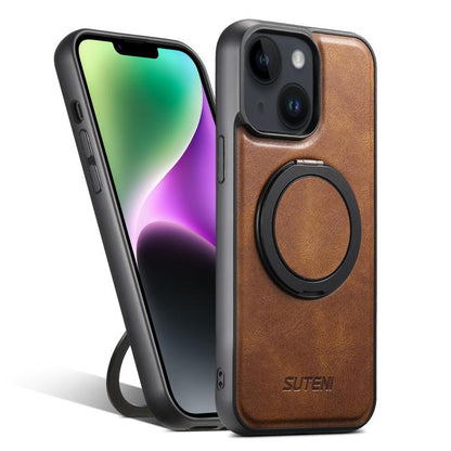For iPhone 14 Plus Suteni G3 Oil Wax 360 Rotation Holder MagSafe Back Phone Case(Brown) - iPhone 14 Plus Cases by Suteni | Online Shopping UK | buy2fix