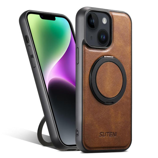 For iPhone 14 Plus Suteni G3 Oil Wax 360 Rotation Holder MagSafe Back Phone Case(Brown) - iPhone 14 Plus Cases by Suteni | Online Shopping UK | buy2fix