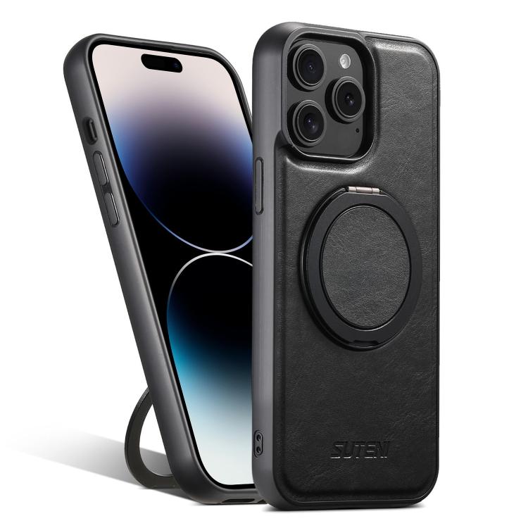 For iPhone 14 Pro Suteni G3 Oil Wax 360 Rotation Holder MagSafe Back Phone Case(Black) - iPhone 14 Pro Cases by Suteni | Online Shopping UK | buy2fix