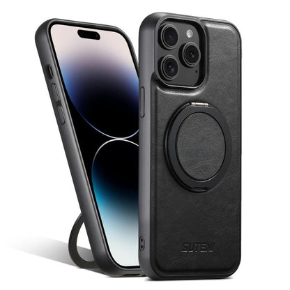 For iPhone 14 Pro Suteni G3 Oil Wax 360 Rotation Holder MagSafe Back Phone Case(Black) - iPhone 14 Pro Cases by Suteni | Online Shopping UK | buy2fix