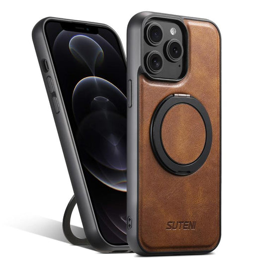 For iPhone 12 Pro Suteni G3 Oil Wax 360 Rotation Holder MagSafe Back Phone Case(Brown) - iPhone 12 / 12 Pro Cases by Suteni | Online Shopping UK | buy2fix