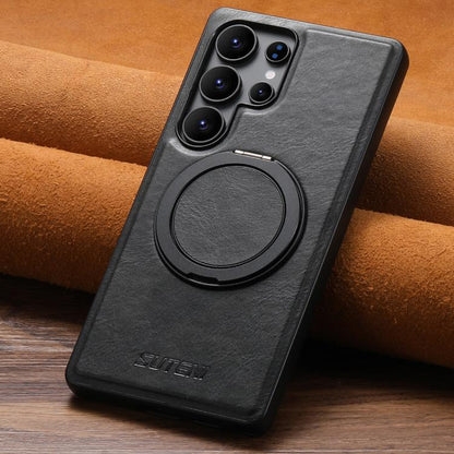 For Samsung Galaxy S22 Ultra 5G Suteni G3 Oil Wax 360 Rotation Holder MagSafe Back Phone Case(Black) - Galaxy S22 Ultra 5G Cases by Suteni | Online Shopping UK | buy2fix