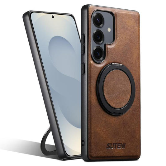 For Samsung Galaxy S25 5G Suteni G3 Oil Wax 360 Rotation Holder MagSafe Back Phone Case(Brown) - Galaxy S25 5G Cases by Suteni | Online Shopping UK | buy2fix