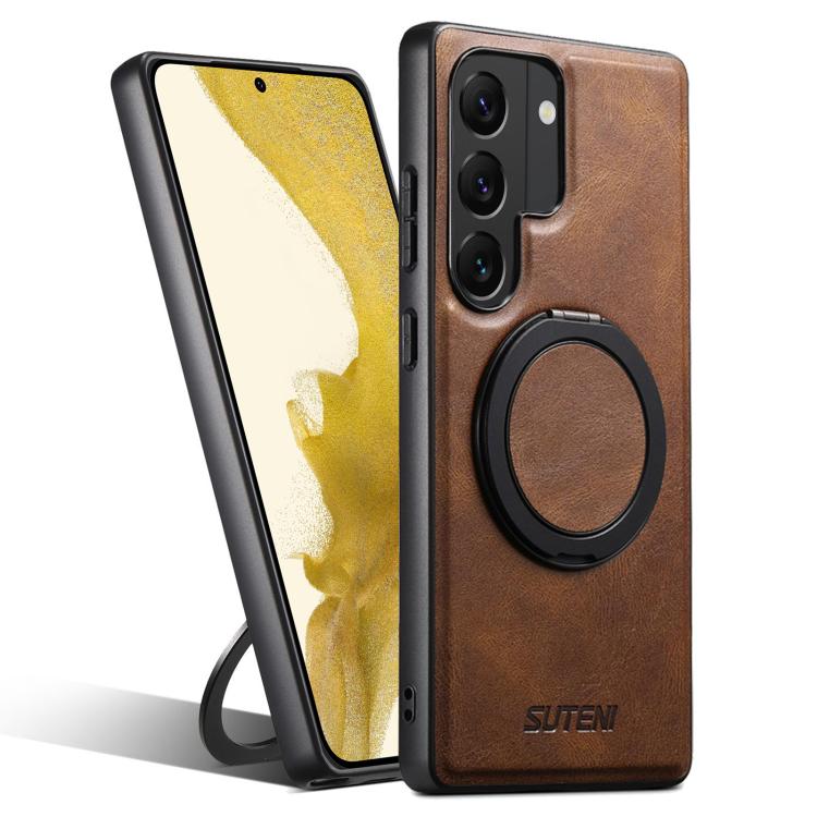 For Samsung Galaxy S22 5G Suteni G3 Oil Wax 360 Rotation Holder MagSafe Back Phone Case(Brown) - Galaxy S22 5G Cases by Suteni | Online Shopping UK | buy2fix