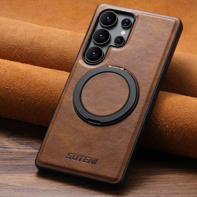 For Samsung Galaxy S22 5G Suteni G3 Oil Wax 360 Rotation Holder MagSafe Back Phone Case(Brown) - Galaxy S22 5G Cases by Suteni | Online Shopping UK | buy2fix