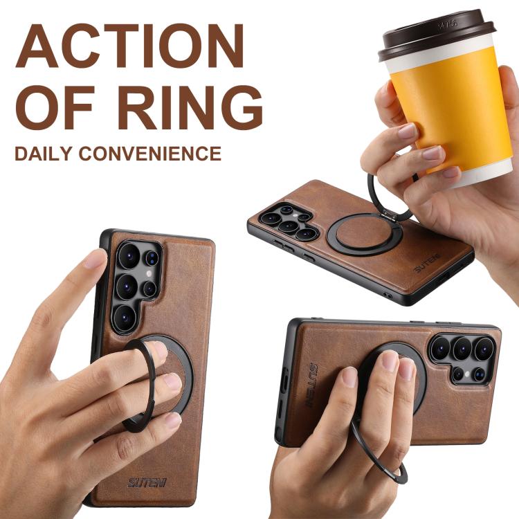 For Samsung Galaxy S22 5G Suteni G3 Oil Wax 360 Rotation Holder MagSafe Back Phone Case(Brown) - Galaxy S22 5G Cases by Suteni | Online Shopping UK | buy2fix