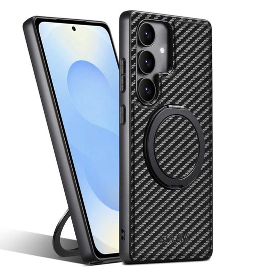For Samsung Galaxy S25+ 5G Suteni G3 Carbon Fiber Leather 360 Rotation Holder MagSafe Phone Case(Black)