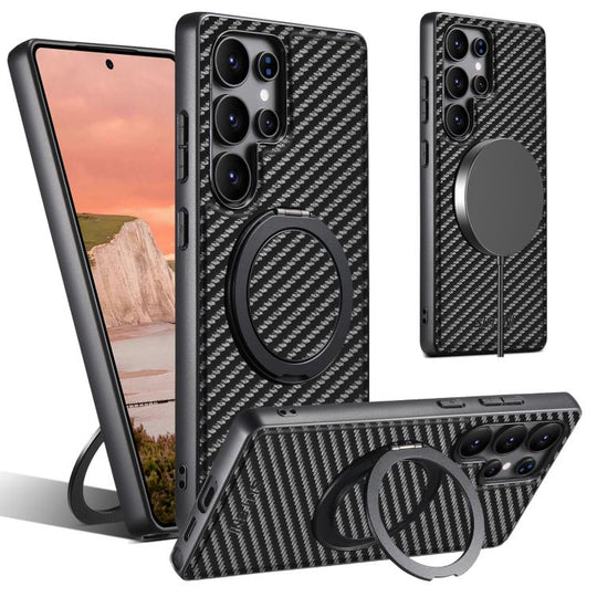 For Samsung Galaxy S24 Ultra 5G Suteni G3 Carbon Fiber Leather 360 Rotation Holder MagSafe Phone Case(Black)