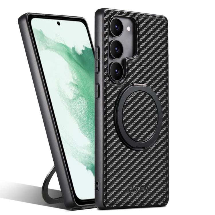 For Samsung Galaxy S22 5G Suteni G3 Carbon Fiber Leather 360 Rotation Holder MagSafe Phone Case(Black) - Galaxy S22 5G Cases by Suteni | Online Shopping UK | buy2fix