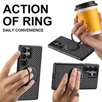 For Samsung Galaxy S22 5G Suteni G3 Carbon Fiber Leather 360 Rotation Holder MagSafe Phone Case(Black) - Galaxy S22 5G Cases by Suteni | Online Shopping UK | buy2fix