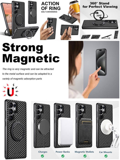 For Samsung Galaxy S23 5G Suteni G3 Carbon Fiber Leather 360 Rotation Holder MagSafe Phone Case(Black) - Galaxy S23 5G Cases by Suteni | Online Shopping UK | buy2fix