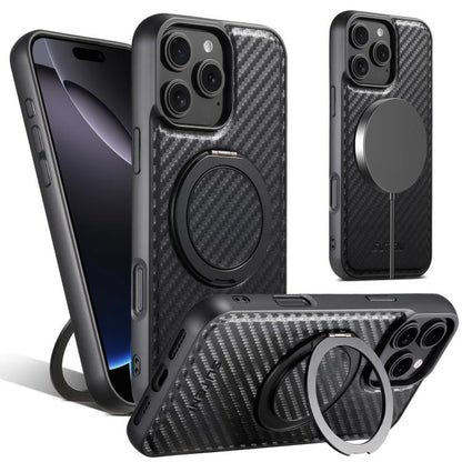 For iPhone 16 Pro Max Suteni G3 Carbon Fiber Leather 360 Rotation Holder MagSafe Phone Case(Black) - iPhone 16 Pro Max Cases by Suteni | Online Shopping UK | buy2fix