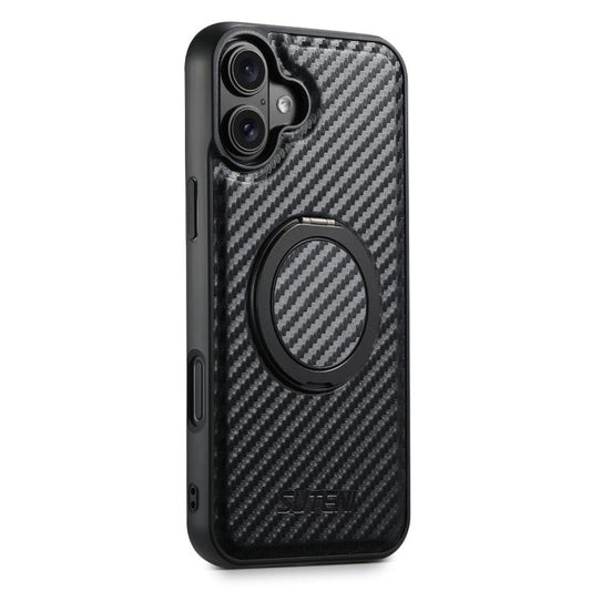 For iPhone 16 Suteni G3 Carbon Fiber Leather 360 Rotation Holder MagSafe Phone Case(Black) - iPhone 16 Cases by Suteni | Online Shopping UK | buy2fix