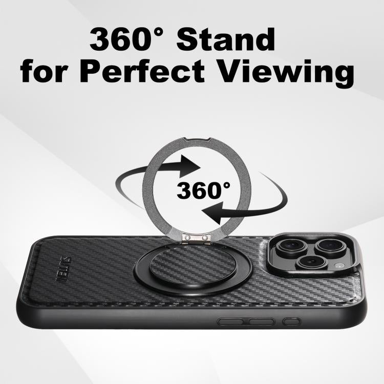 For iPhone 16 Suteni G3 Carbon Fiber Leather 360 Rotation Holder MagSafe Phone Case(Black) - iPhone 16 Cases by Suteni | Online Shopping UK | buy2fix