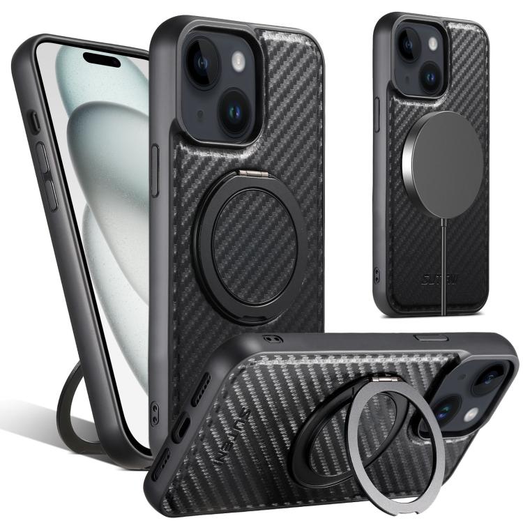 For iPhone 15 Plus Suteni G3 Carbon Fiber Leather 360 Rotation Holder MagSafe Phone Case(Black) - iPhone 15 Plus Cases by Suteni | Online Shopping UK | buy2fix